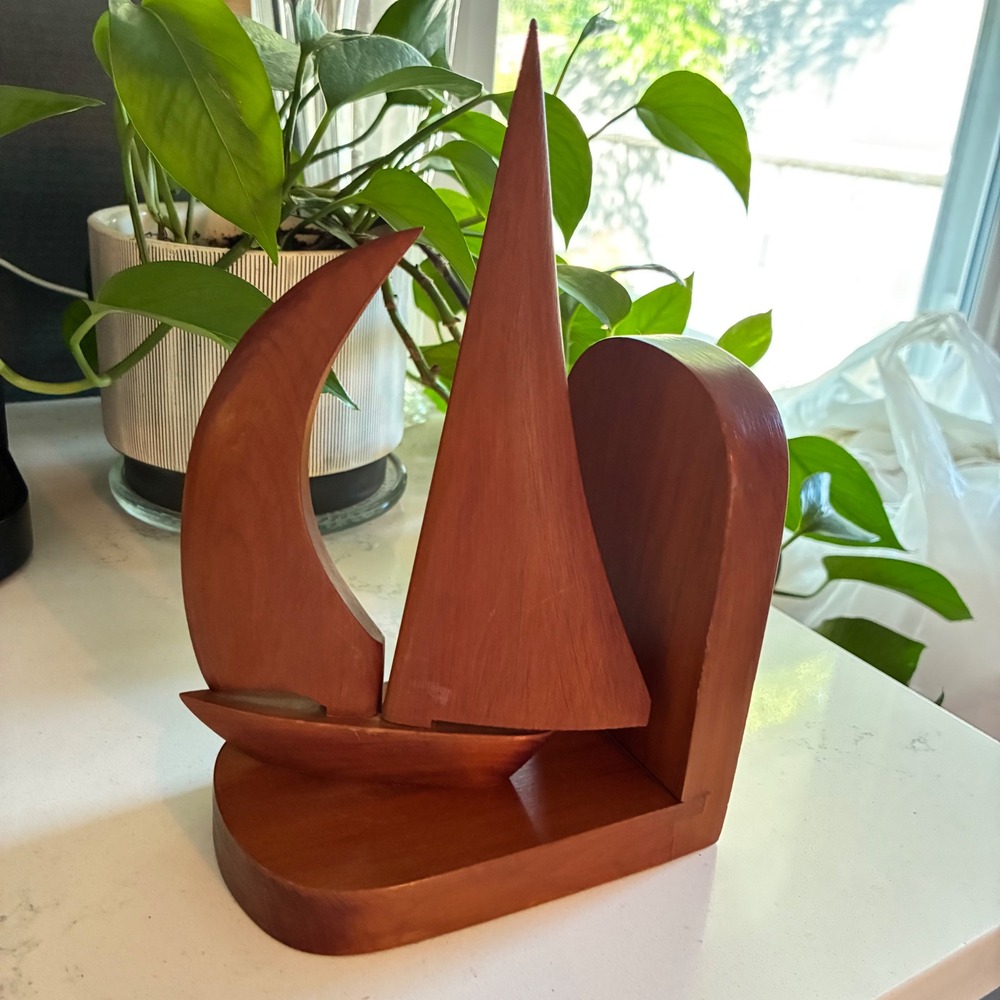 Wood Sailboat Bookend Nautical MCM Decor Coastal Beach House Maritime Library